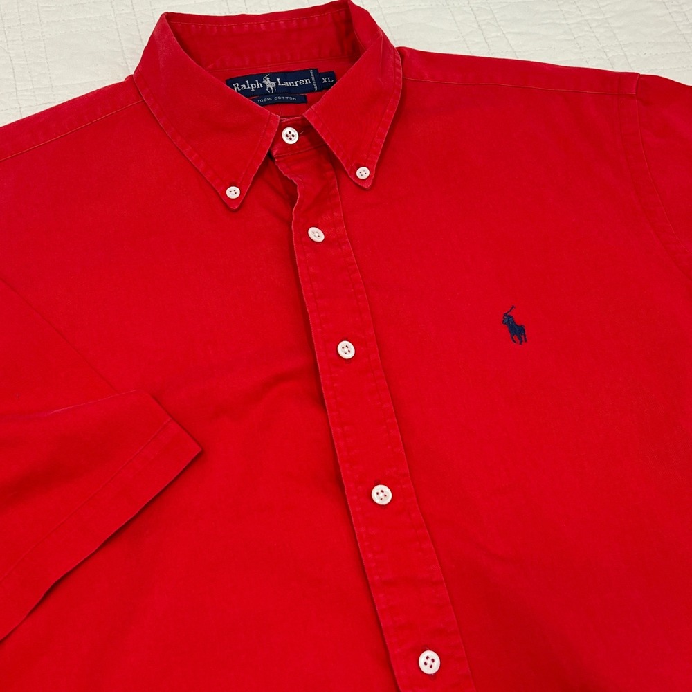 Ralph Lauren Mens XL Red Short Sleeve Button Down Cotton Twill Shirt Navy Pony